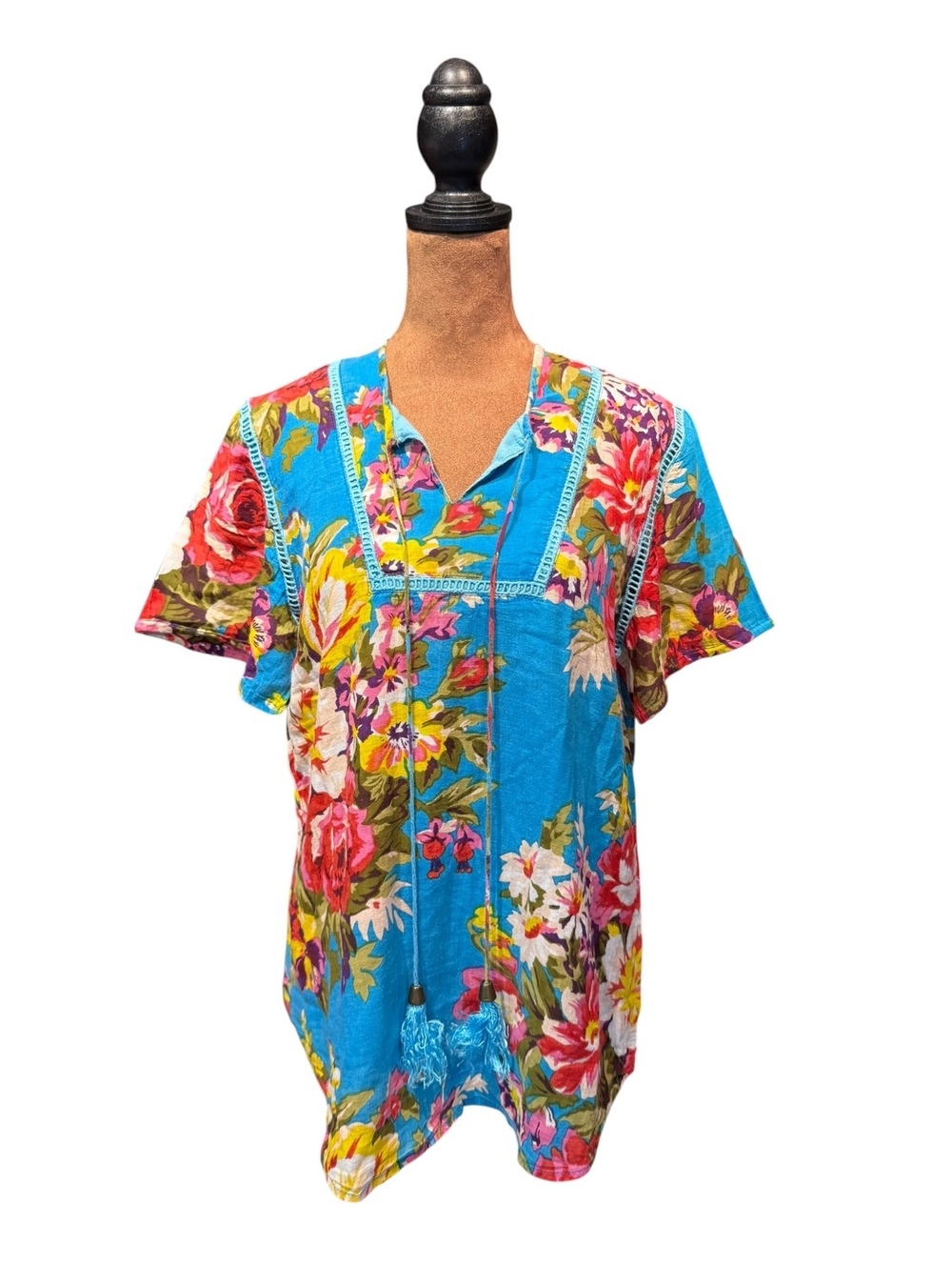 Johnny Was Blue Floral Cotton Tunic Top with Tassels